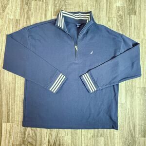 Nautica Men’s 1/4 Zip Pullover Navy Large Striped Collar Cuffs Cotton Blend